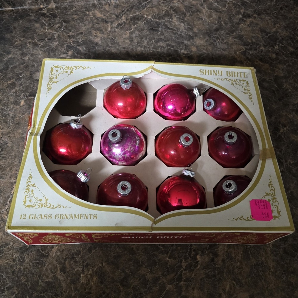 Vintage Shiny Brite Red Glass Christmas Ornaments 11 Box USA Mid Century